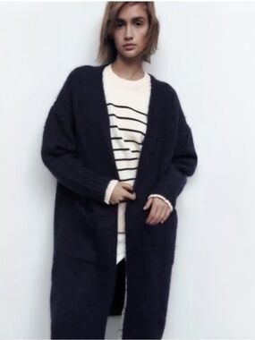 Zara Long Patch Pocket Cardigan Navy Sz M/L